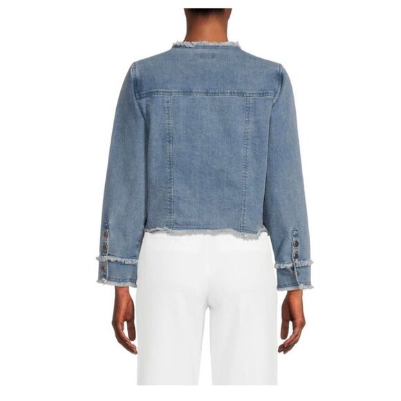 ecru Frayed-Trim Blue Denim Jacket Women’s Size Small - Picture 2 of 6